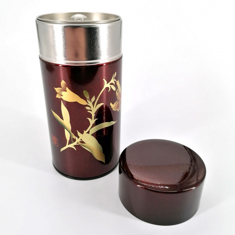 Caja de té japonesa de metal, HONKIN YURI, Color burdeos, hecha en Japón
