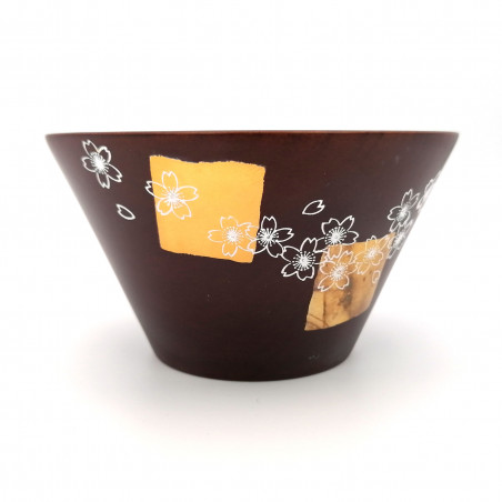 Japanese rice bowl in dark cedar wood with gold and silver lacquered cherry blossom pattern, MAKIE SAKURA