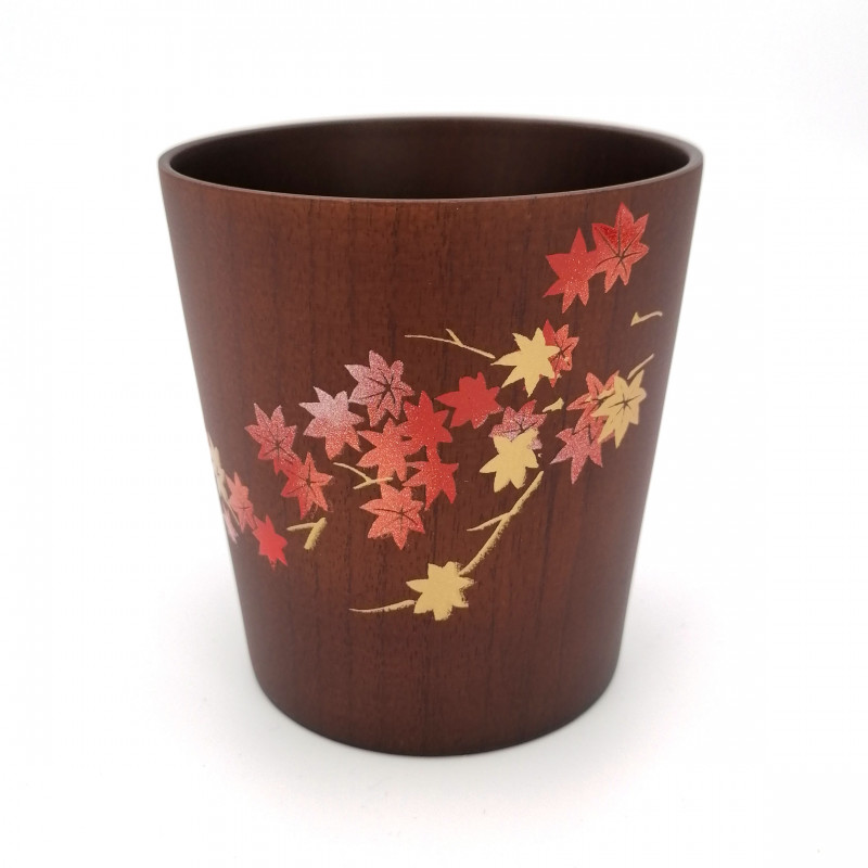 Tazza da tè giapponese in legno natsume scuro con motivo foglie d'acero laccato oro e argento, MAKIE SAKURA