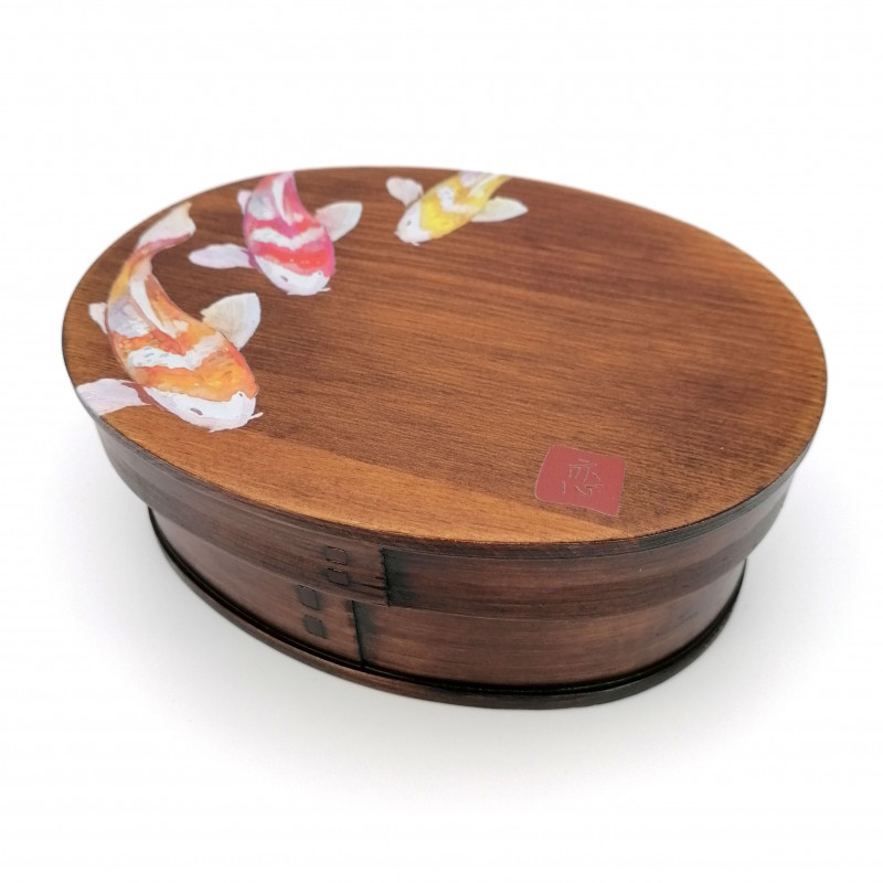 Japanische ovale Bento-Lunchbox aus Zedernholz mit Fischmuster, NISHIKI