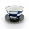 Tazza giapponese in ceramica a scacchi blu e piattino grigio