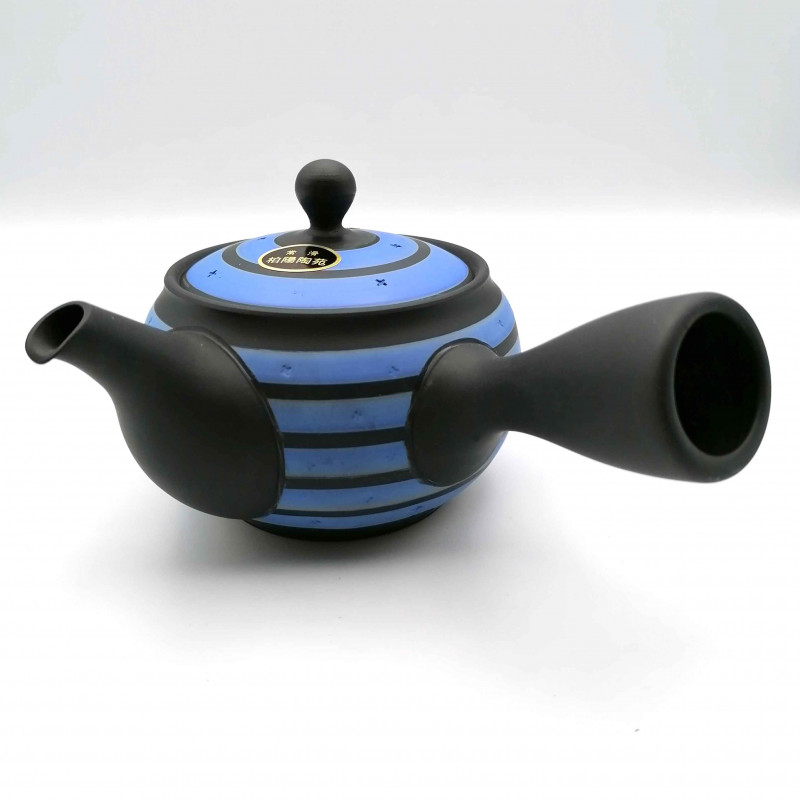 Théière japonaise tokoname kyusu, GYO, noir et lignes bleues