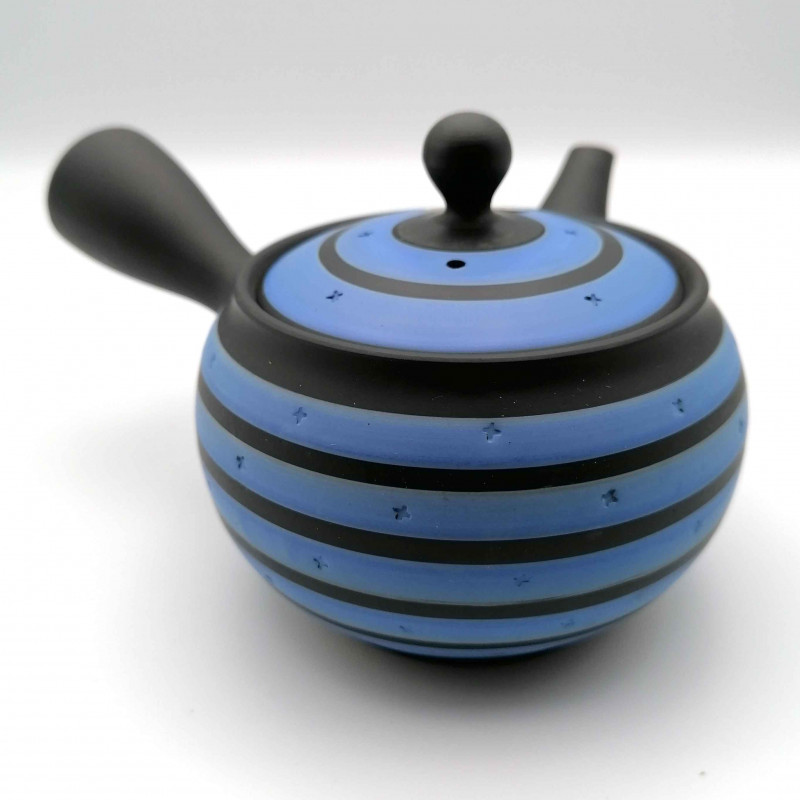 Théière japonaise tokoname kyusu, GYO, noir et lignes bleues