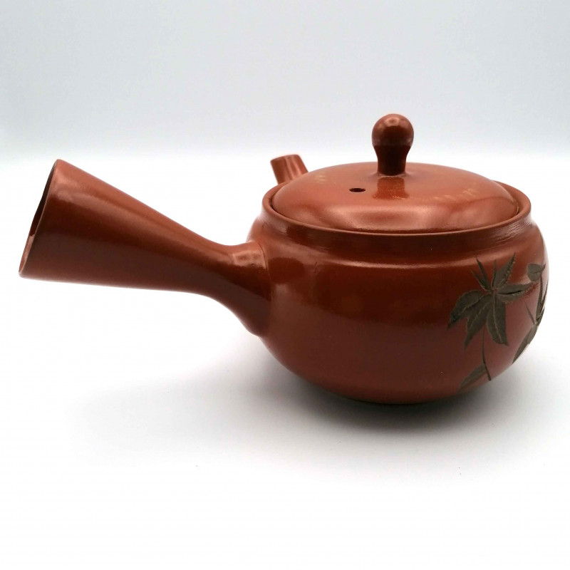 Japanese teapot tokoname kyusu, SASANOHA, red and bamboo leaves