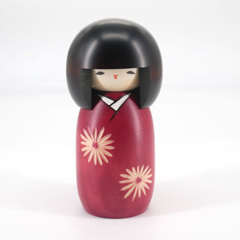 Muñeca japonesa kokeshi violeta con patrón de crisantemos salvajes, NOGIKU