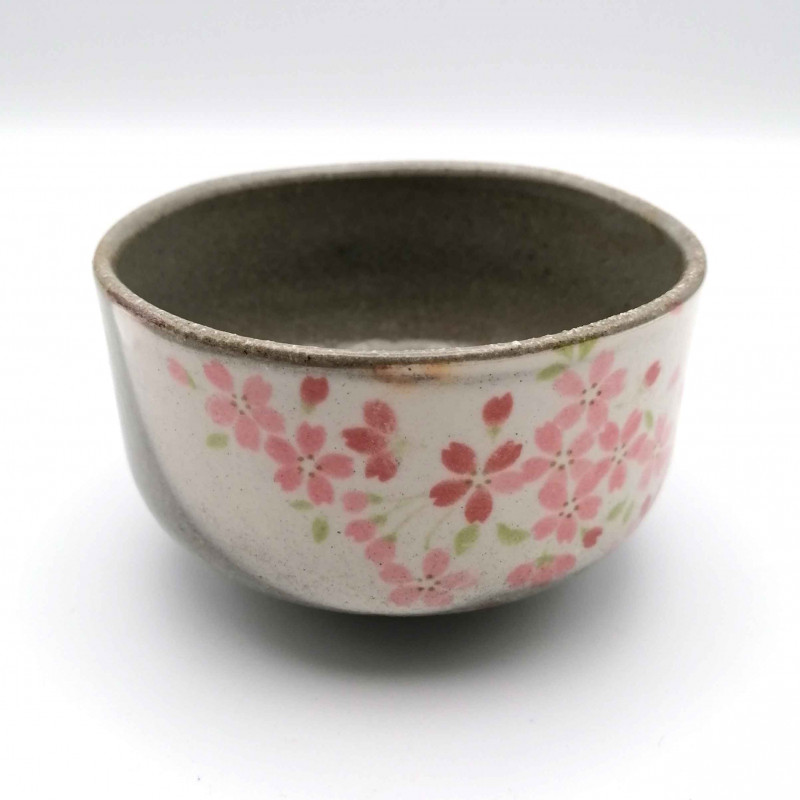 Bol japonais pour cérémonie du thé en céramique, SAKURA, gris et rose