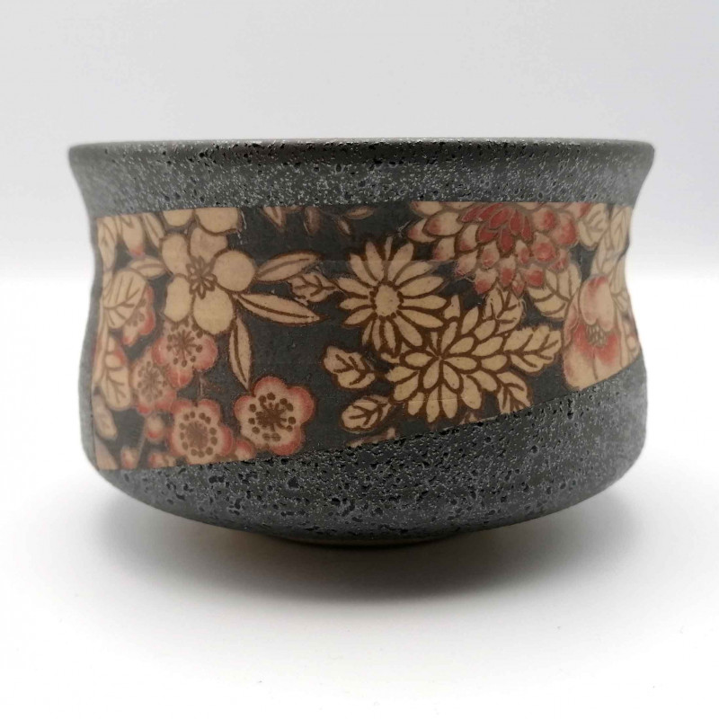 Ciotola da tè in ceramica giapponese, KURO FURURU, nero e fiori