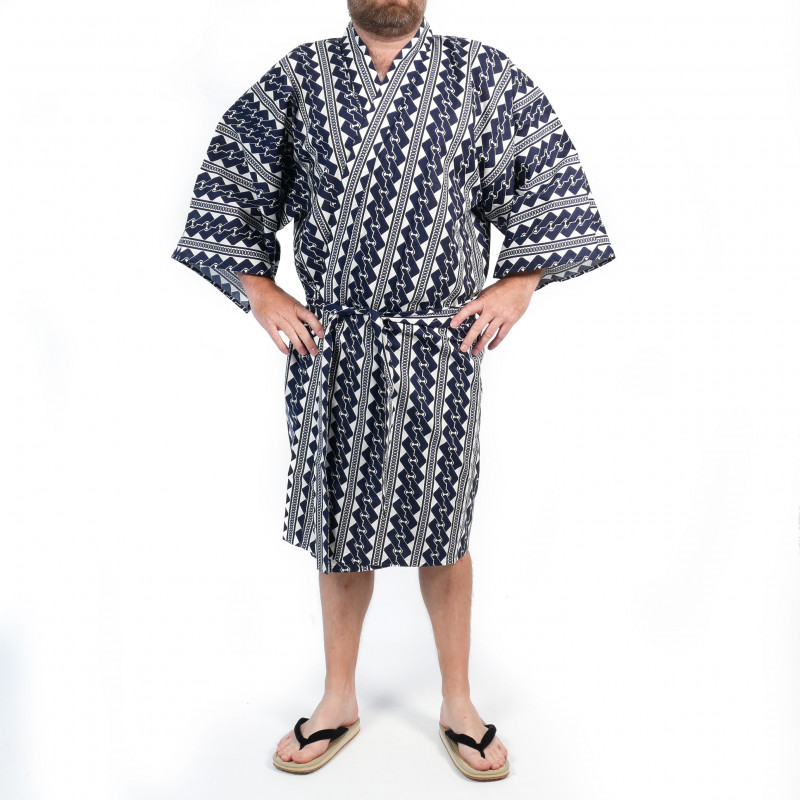 Japanese traditional blue cotton happi kimono with chain patterns for men