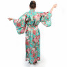 Japanese traditional turquoise yukata kimono in cotton temari balls and peonies for women