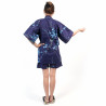 Japanese traditional blue cotton jinbei kimono with bird and plum flowers for women