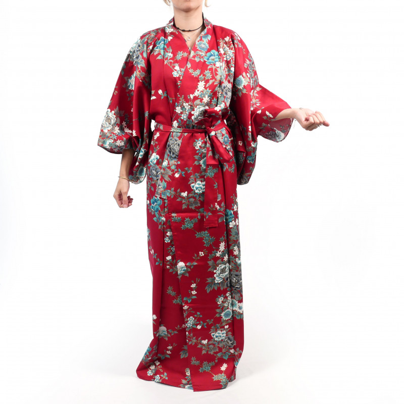 Japanese traditional red kimono for women with peony and cherry blossom