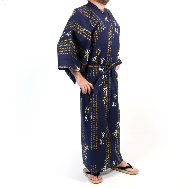 Japanischer traditioneller blauer Yukata-Kimono aus Baumwolle, General Hideyoshi Kanji für Männer
