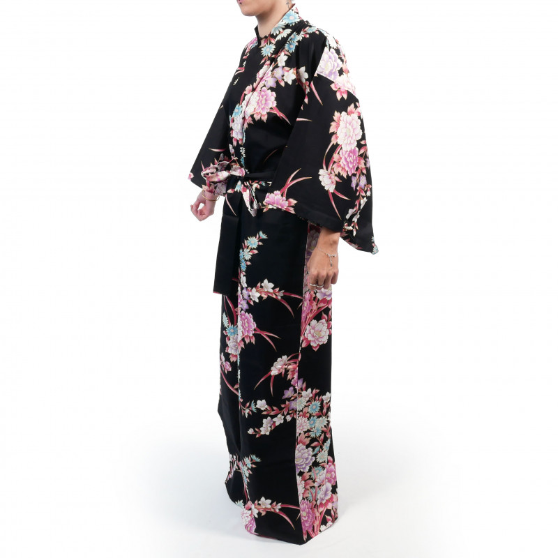 Japanese traditional black kimono in satin cotton with peony and chrysanthemum pattern for women, KIMONO BOTAN TO KIKU