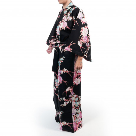 Japanischer traditioneller schwarzer Kimono aus Baumwollsatin mit Pfingstrosen- und Chrysanthemenmuster für Damen, KIMONO BOTAN 