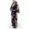 Kimono negro tradicional japonés en algodón satinado con estampado de peonía y crisantemo para mujer, KIMONO BOTAN TO KIKU