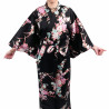 Japanese traditional black kimono in satin cotton with peony and chrysanthemum pattern for women, KIMONO BOTAN TO KIKU