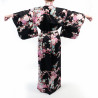 Kimono negro tradicional japonés en algodón satinado con estampado de peonía y crisantemo para mujer, KIMONO BOTAN TO KIKU