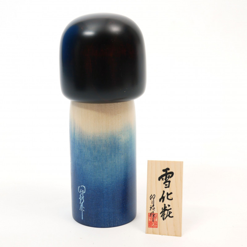 Japanische blaue Kokeshi-Puppe mit fallendem Schneemuster, YUKI GESHO