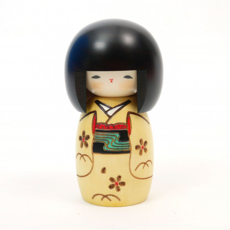 Japanische Kokeshi-Puppe mit jungem Mädchenmotiv in Gelb, KI OSANAGO