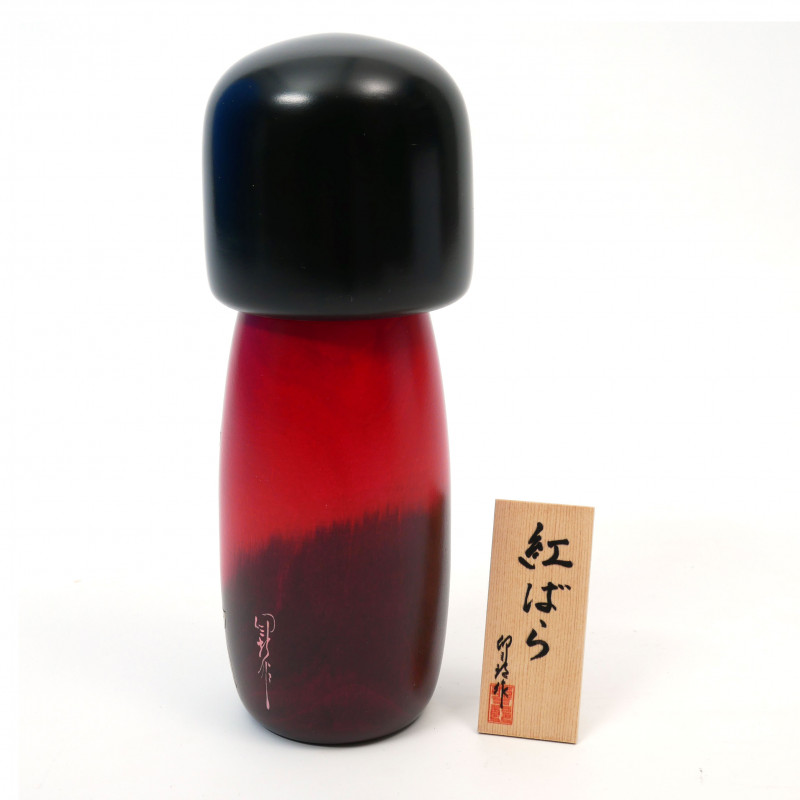 Poupée japonaise kokeshi rouge motif rose rouge, BENI BARA, 26cm