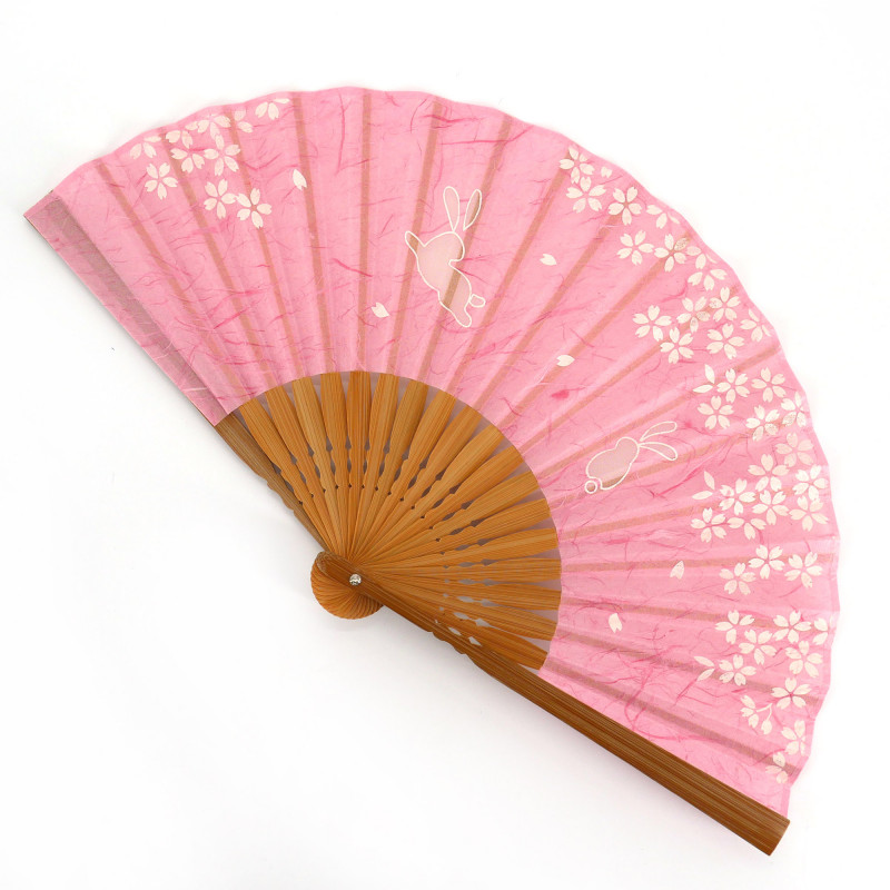 Pink Japanese fan in polyester and bamboo with rabbit and cherry blossom pattern, USAGI SAKURA, 19.5cm
