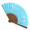 Japanese light blue fan in polyester and bamboo with fish pattern, KINGYO, 19.5cm