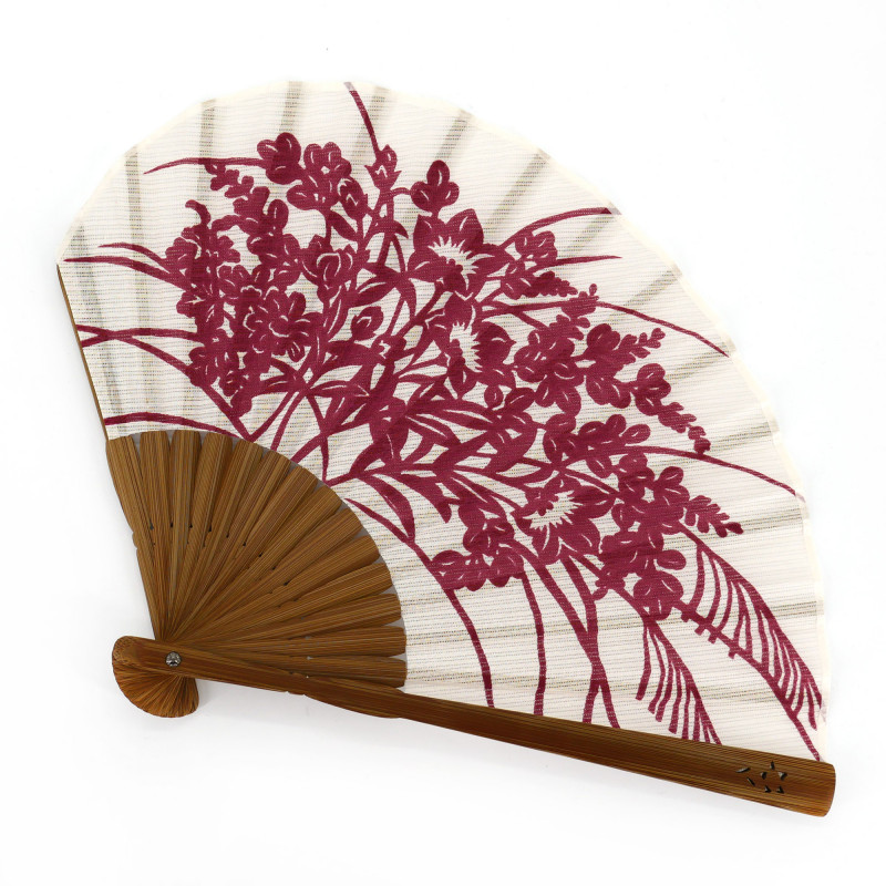 Japanese red cotton and bamboo fan with campanula flower pattern, KIKYO, 21.3cm