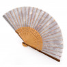 Japanese purple fan in polyester and bamboo with flower pattern, SUISAN, 21cm
