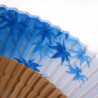 Éventail japonais bleu en polyester et bambou motif feuilles d'érable, KAEDE, 22cm