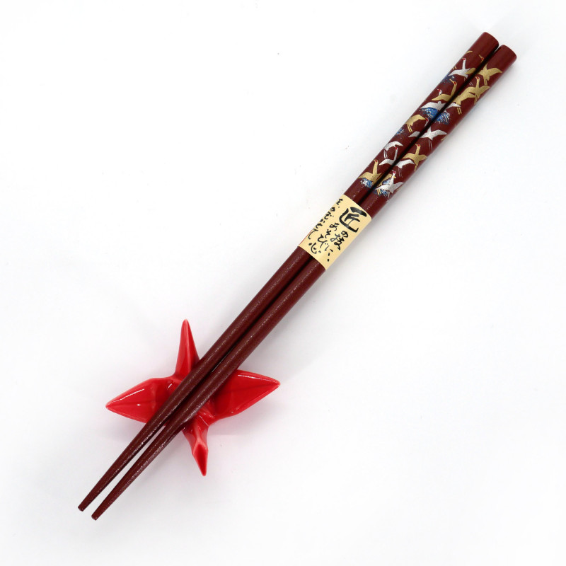 Paire de baguette japonaise en bois rouge motif grues japonaises, TSURU
