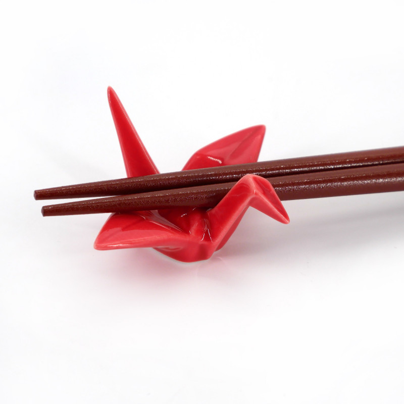 Pair of red wooden Japanese chopsticks with Japanese cranes pattern, TSURU