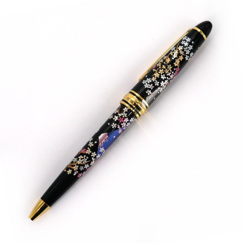 Stylo à bille japonais noir en résine dans un coffret motif mont fuji et fleurs de cerisier, SAKURAFUJI, 133mm