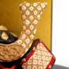 Japanese ornament black gold and orange kabuto helmet in ceramic and fabrics, CHIRIMENSHUSSEKABUTO, 7.5 cm