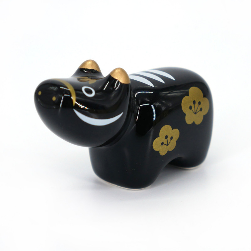 Poggia bacchette in ceramica giapponese a forma di bue nero e oro, KUROBEKO, 3,5 cm