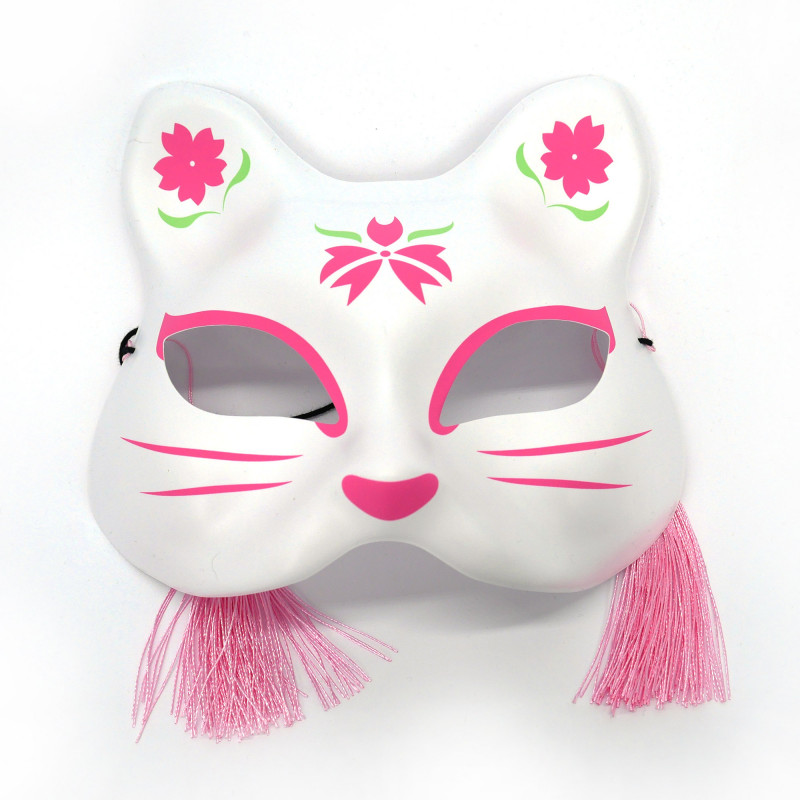 Demi-masque japonais de chat blanc et rose motif fleur de cerisier, NEKOMASUKU