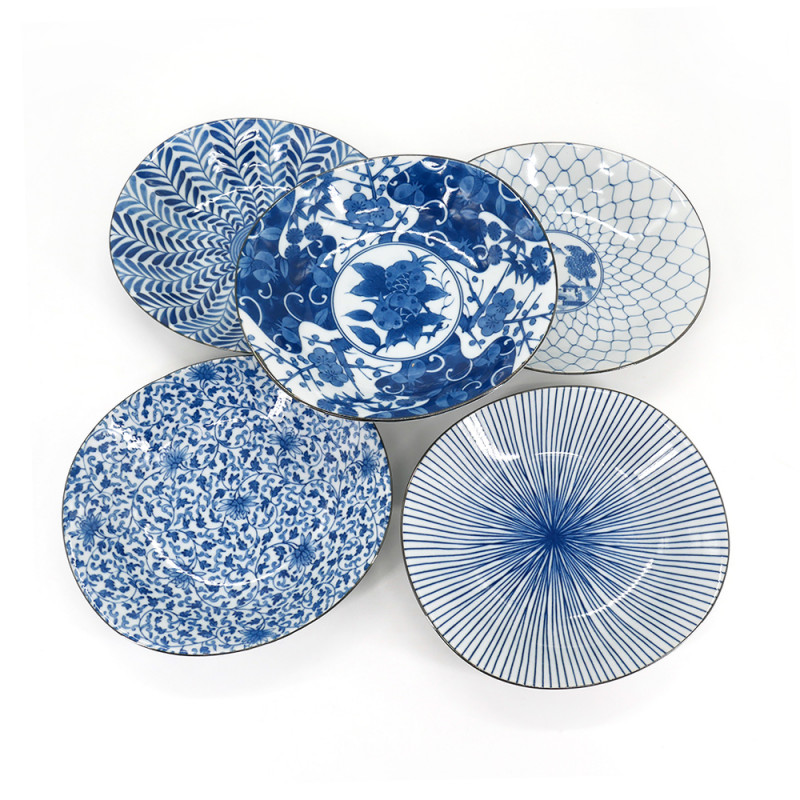 Satz von 5 japanischen runden Platten , AIE KAWARI, blau und weiß