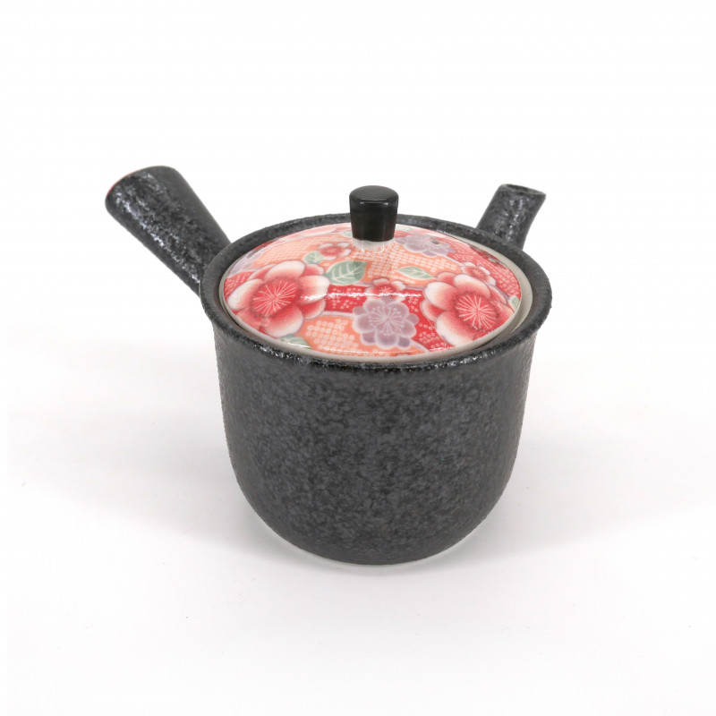 théière traditionnelle japonaise en céramique noire, KOUME, fleurs rouges