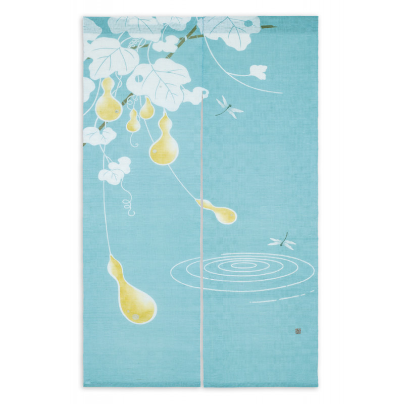 Noren en Chanvre bleu peint à la main motif libellules et gourdes, UZUMAKI TONBO NI ROKU HYOTAN, 88x150cm