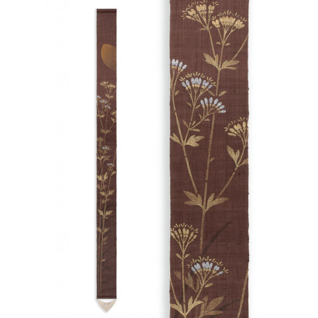 Fine Japanese tapestry in brown hemp hand painted with autumn flowers pattern, AKI NO HANA, 10x170cm