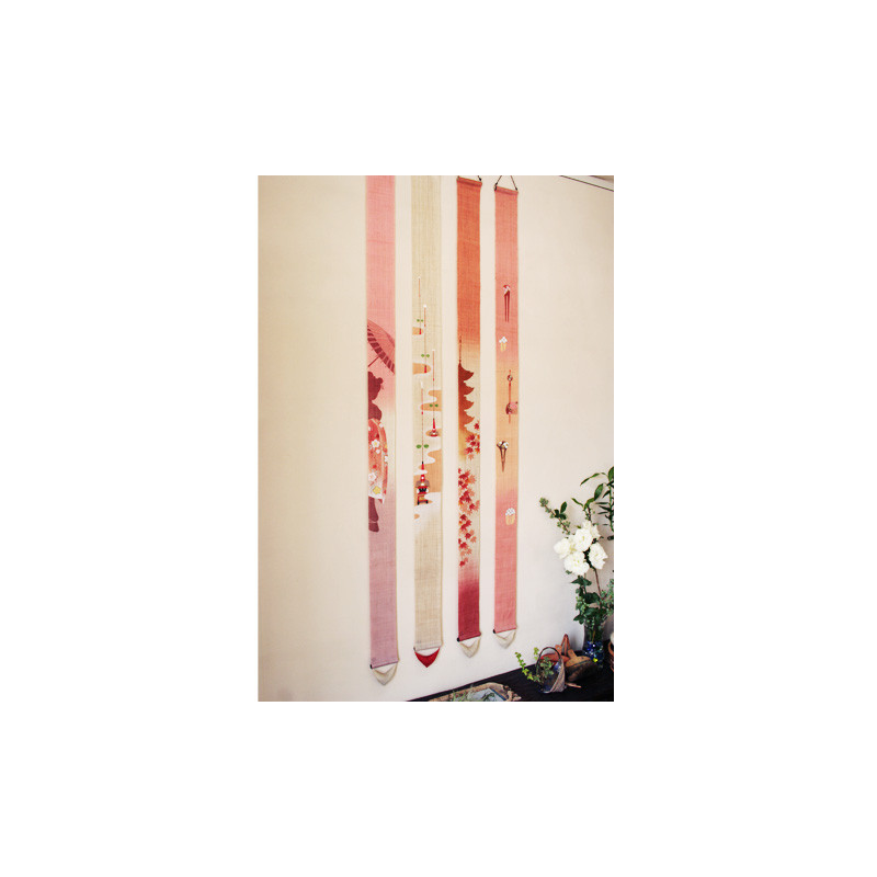 Fine Japanese tapestry in orange pink hemp hand painted 5 story pagoda pattern, GOJUNOTO AKI, 10x170cm