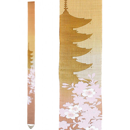 Raffinato arazzo giapponese in canapa gialla rosa dipinta a mano con motivo a pagoda a 5 piani, GOJUNOTO, 10x170cm