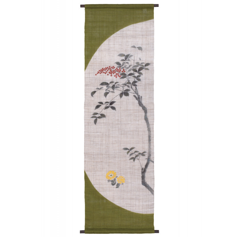Handbemalter grüner und beiger Hanfteppich mit Blättern und Beeren Muster, NANTEN FUKU, 45x150cm