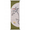 Hand painted green and beige hemp tapestry with leaves and berries pattern, NANTEN FUKU, 45x150cm