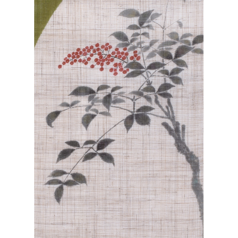 Hand painted green and beige hemp tapestry with leaves and berries pattern, NANTEN FUKU, 45x150cm