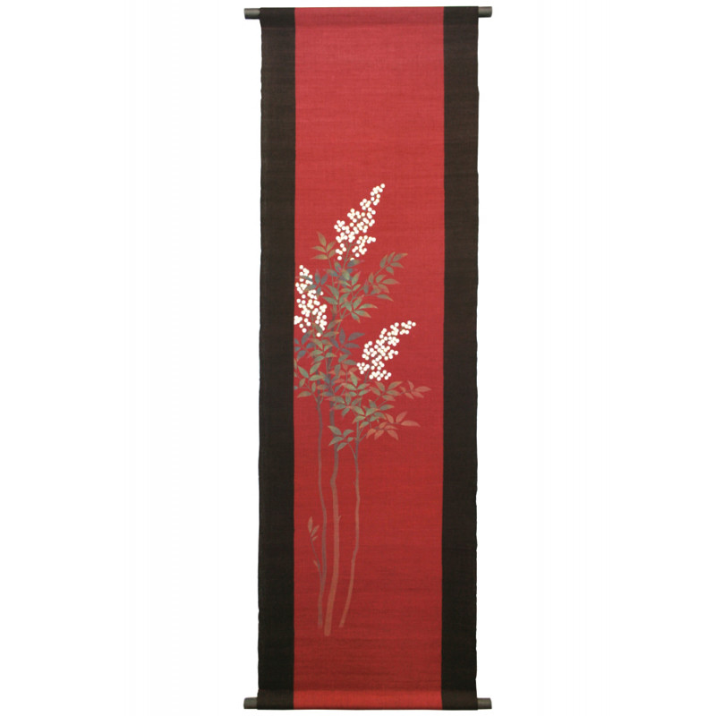 Arazzo di canapa rosso e viola dipinto a mano con motivo di foglie e bacche, SHIRO NANTEN, 45x150cm