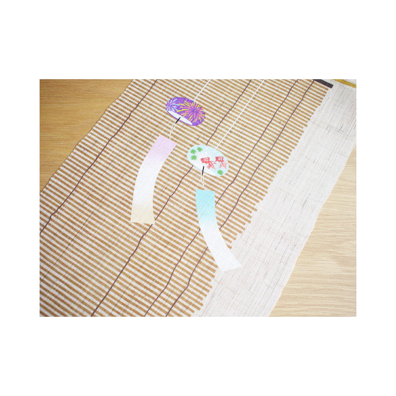 Arazzo di canapa beige dipinto a mano con motivo gatto e campane a vento, HIRU NEKO NI FURIN, 30x130cm