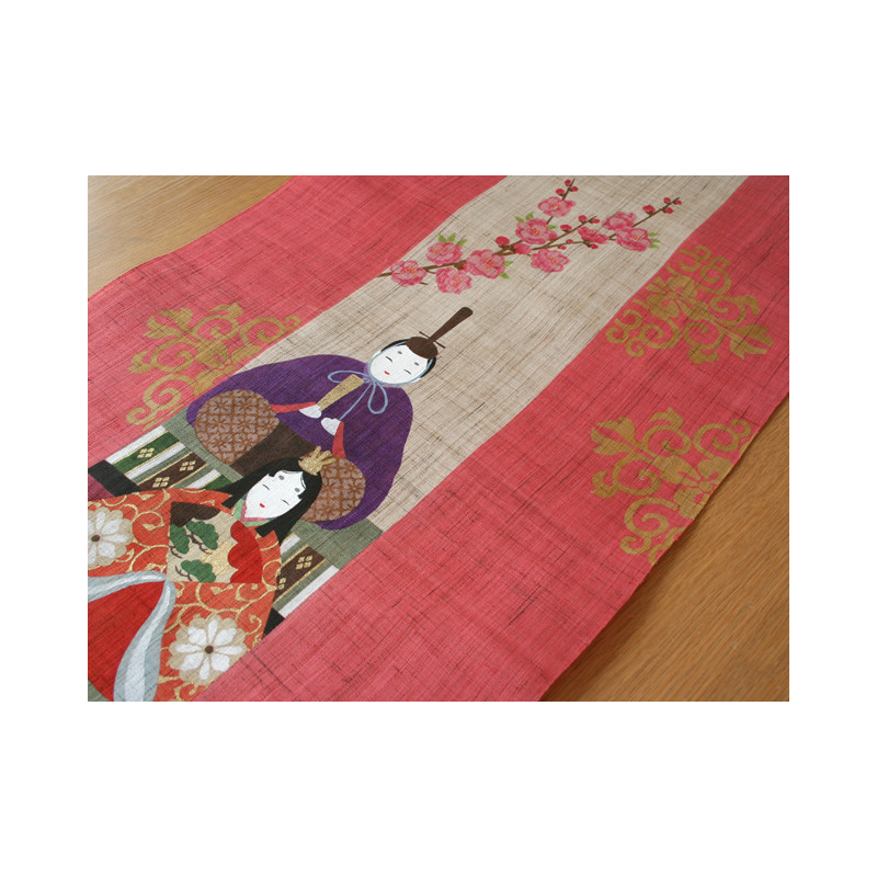 Hand painted pink hemp tapestry with peach flowers and imperial dolls pattern, TANZAKU MOMOHINA, 45x120cm