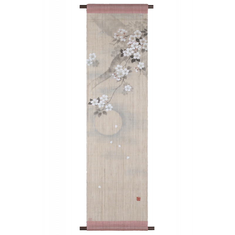 Arazzo di canapa beige e rosa dipinto a mano con motivo a fiori di ciliegio e luna, YOI NO TSUKI, 36x130cm