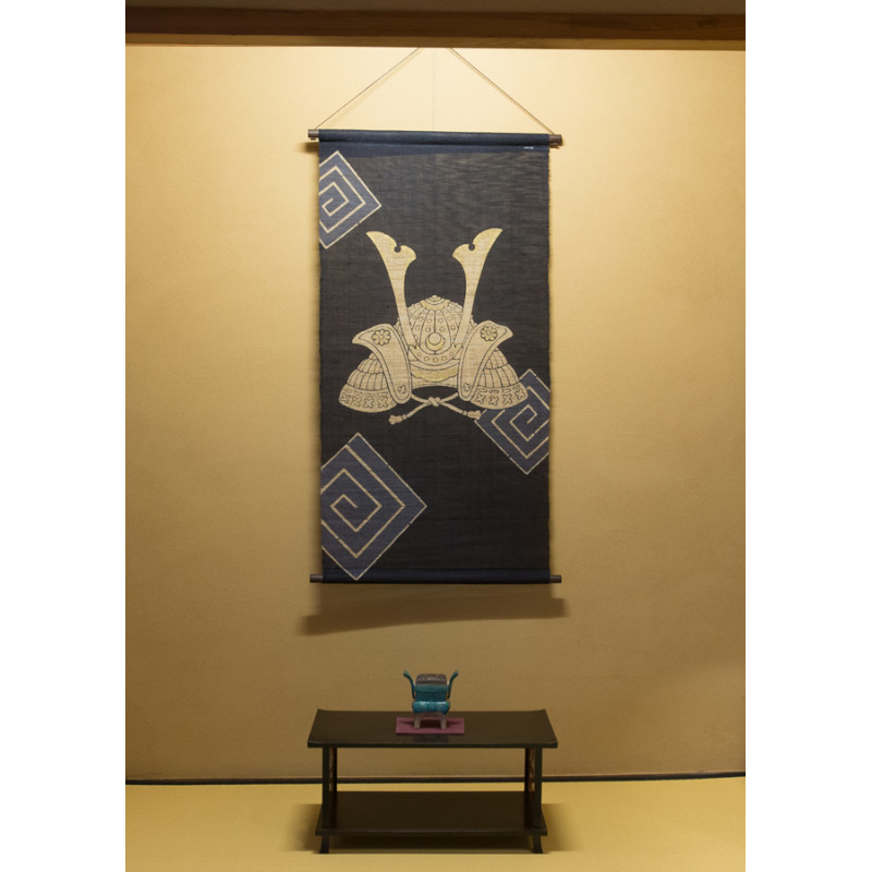 Arazzo di canapa blu dipinto a mano modello elmo kabuto, KABUTO, 60x120cm