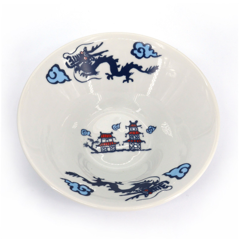 Japanese white ceramic ramen bowl, RYU, blue dragon and clouds